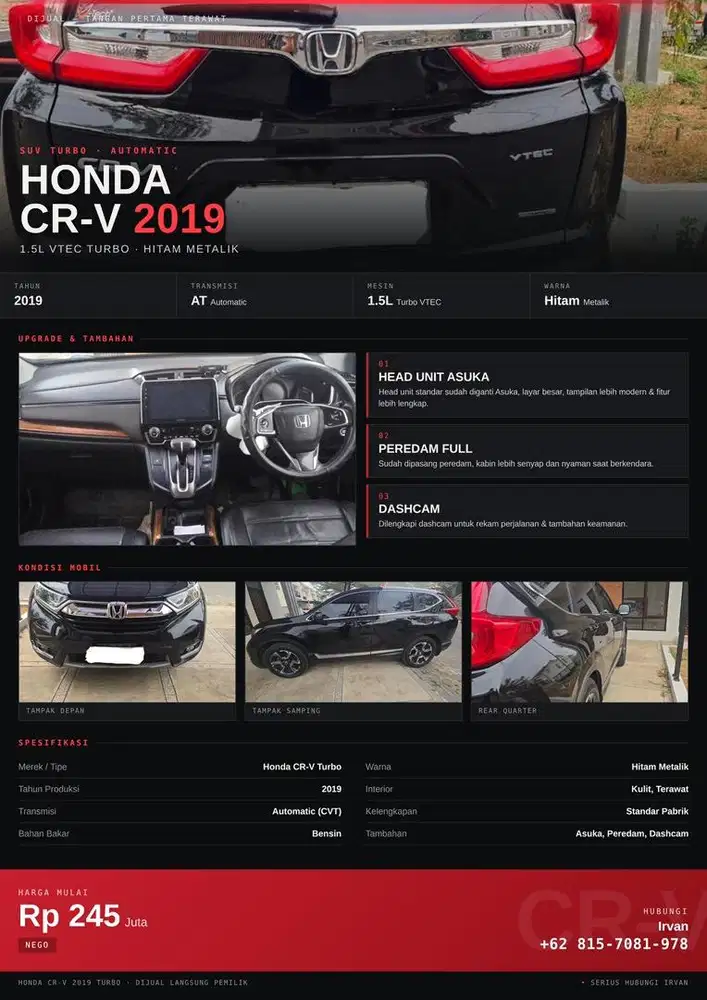 Honda CRV 2019 1.5L Turbo AT Istimewa dan Siap Pakai