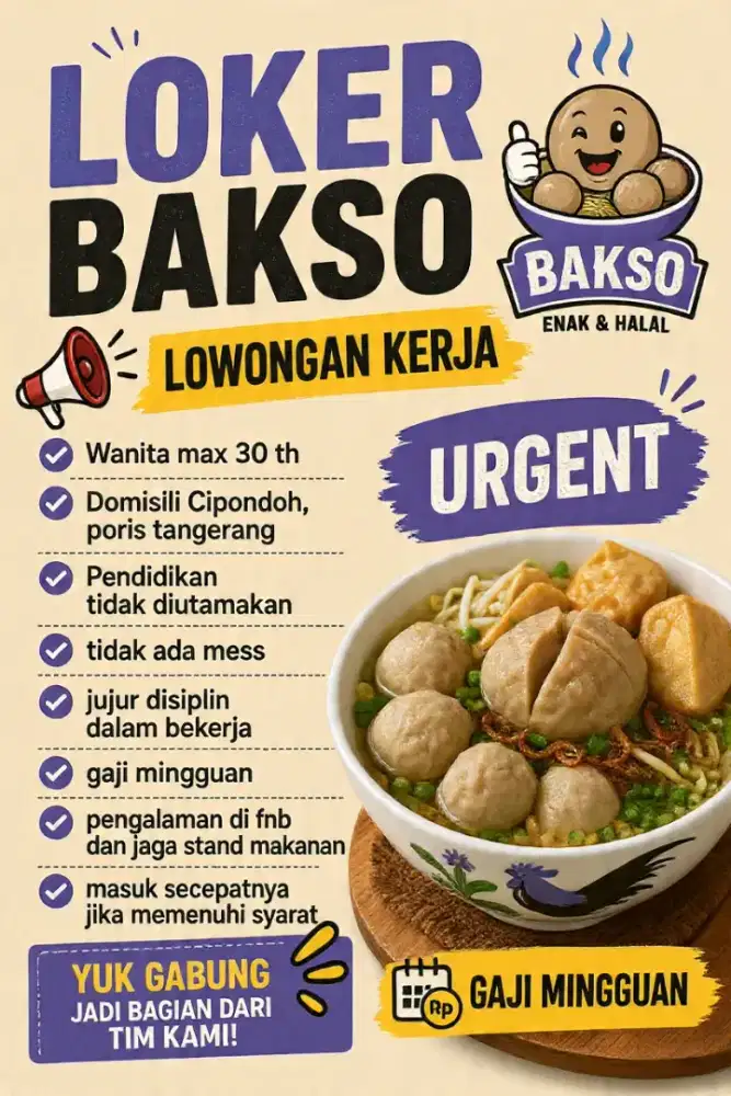 Loker jaga Stand Bakso Poris cipondoh