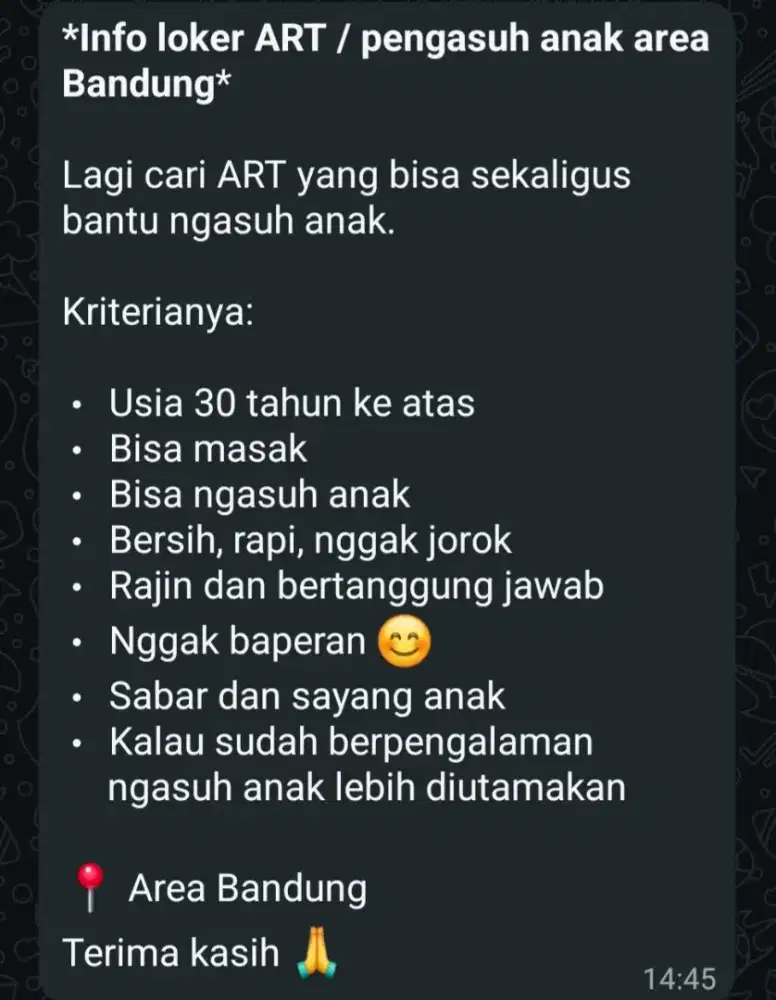 **Info loker ART / pengasuh anak area Bandung**