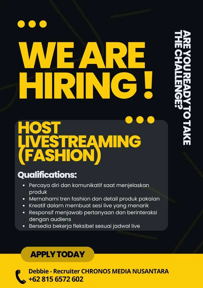 LOWONGAN KERJA – HOST LIVE E-COMMERCE (PRODUK FASHION) LOKER JAKARTA