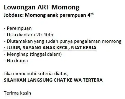 Lowongan Kerja ART Momong (Majikan Langsung)