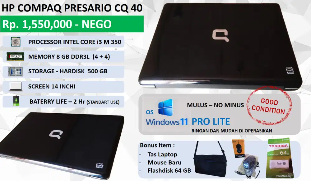 Laptop HP COMPAQ PRESARIO CQ40 (No Minus dpt Bonus)