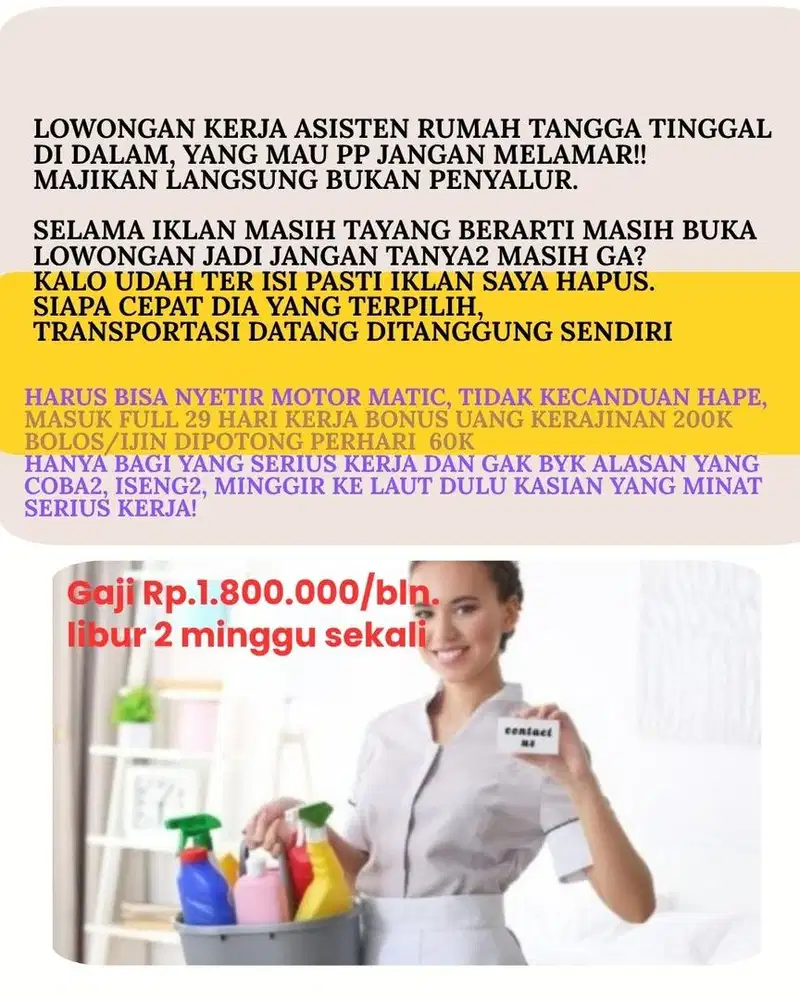 Di cari Asisten Rumah Tangga tanpa momong nyetir motor wajib nginep !!