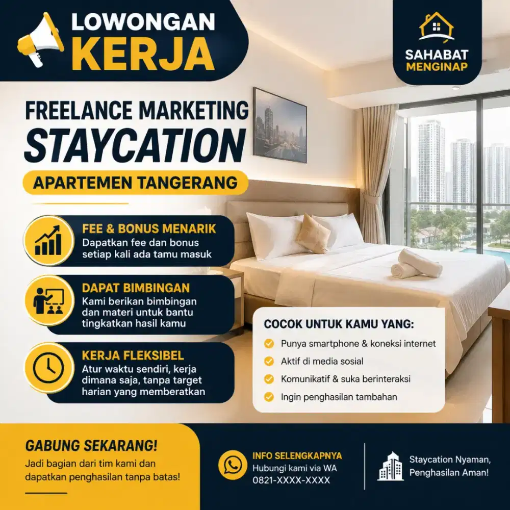 Freelance Marketing Sewa Apartemen harian/transit