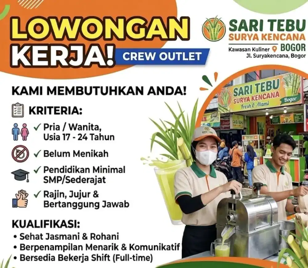 Lowongan kerja jaga stand tebu di Surya kencana Bogor