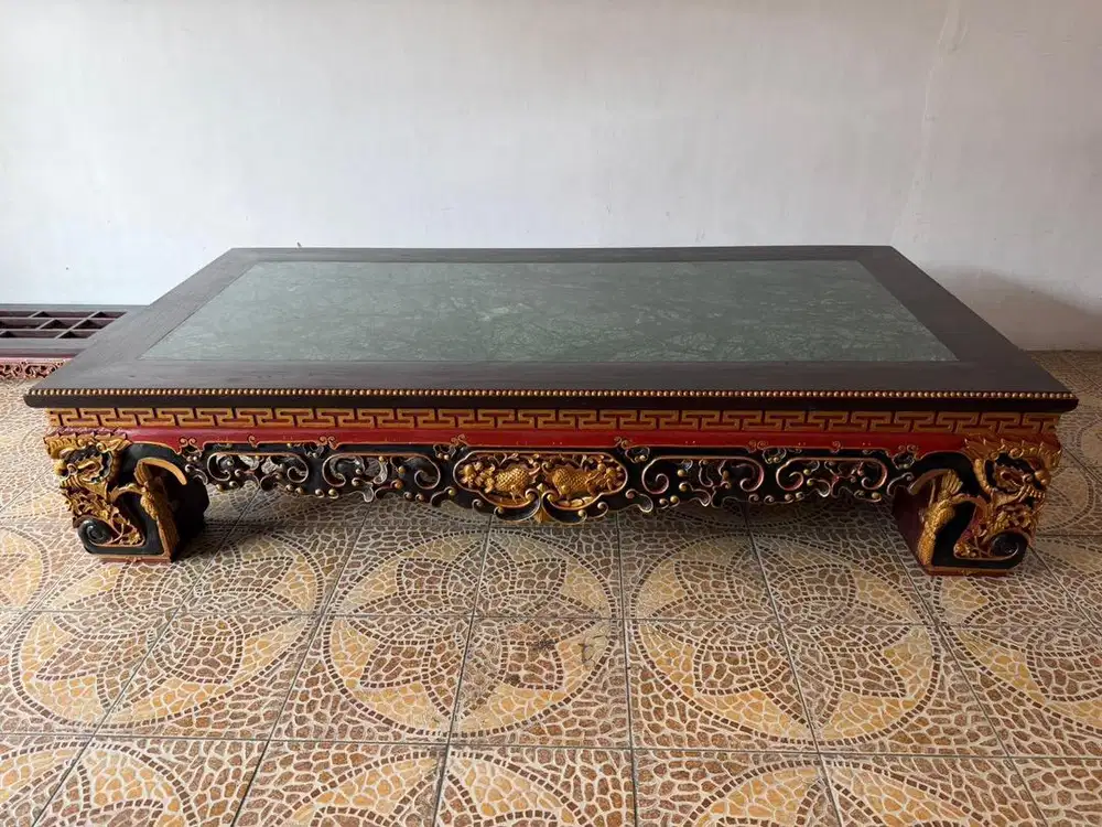 Dijual Meja Opium Kayu Jati Tua marmer Hijau motif Killin