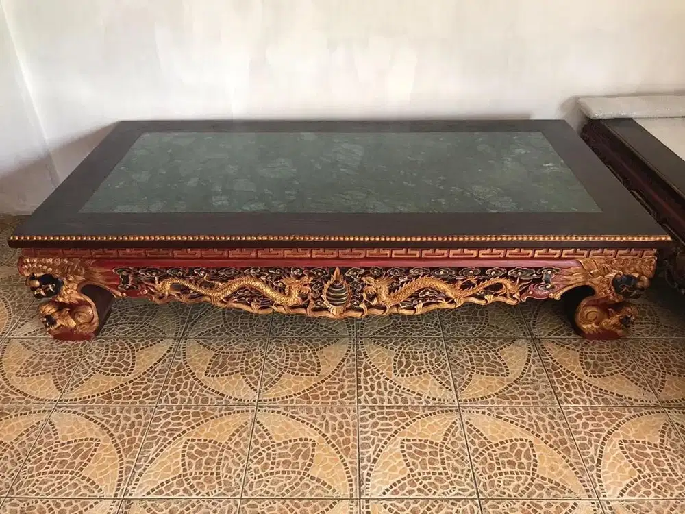 Dijual Meja Opium Marmer Hijau Kayu Jati Tua Motif Naga