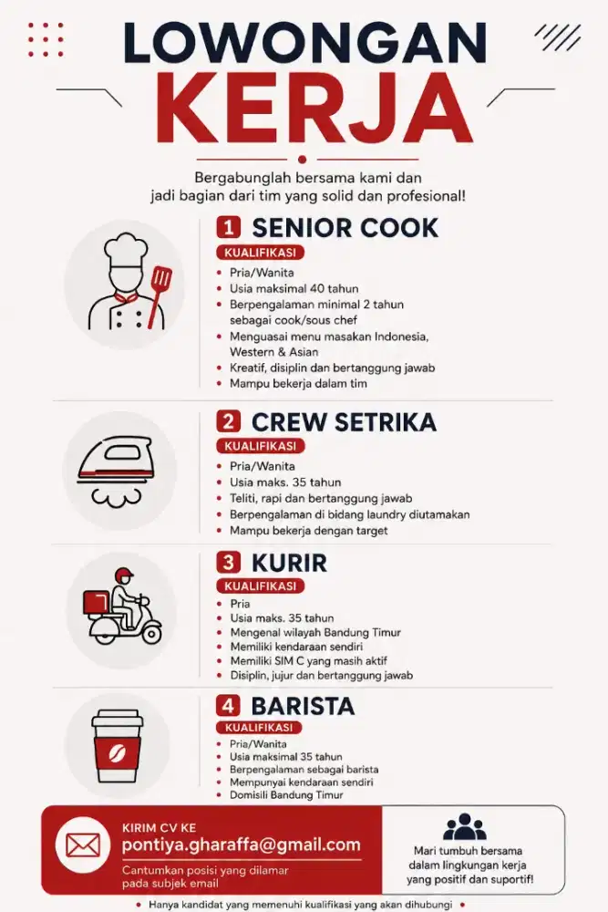 Lowongan senior cook, barista, crew setrika, kasir, kurir