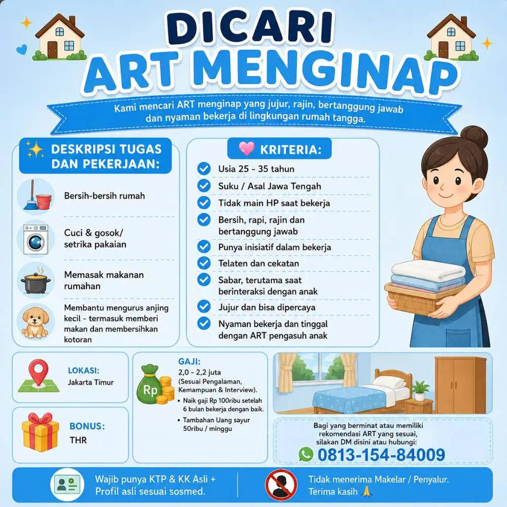 Dicari ART Beberes Rumah - Menginap