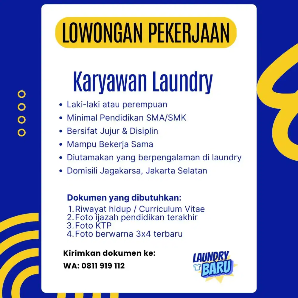 Dicari Karyawan Laundry | Gaji per bulan | Jagakarsa, Lt Agung