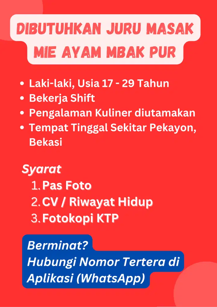 Loker Lowongan Kerja Pelayan Waiter / Juru Masak Mie Ayam Pekayon