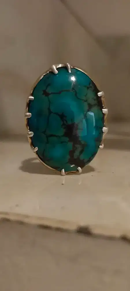 Natural Pirus persia biru porslen ring perak