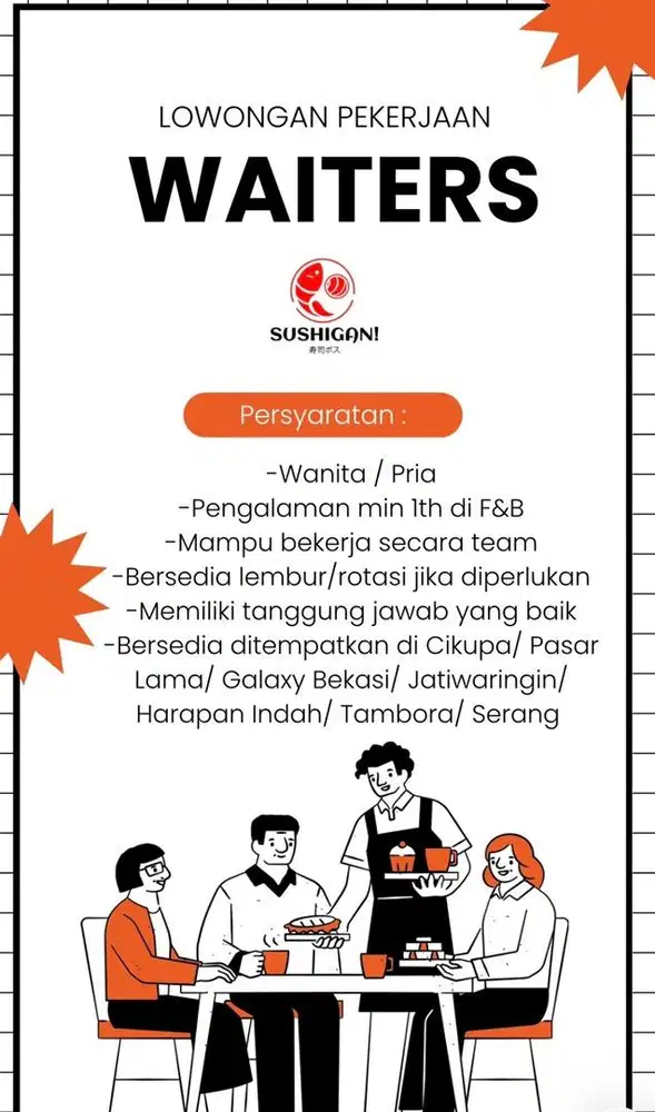 dibutuhkan waiter pria dan wanita