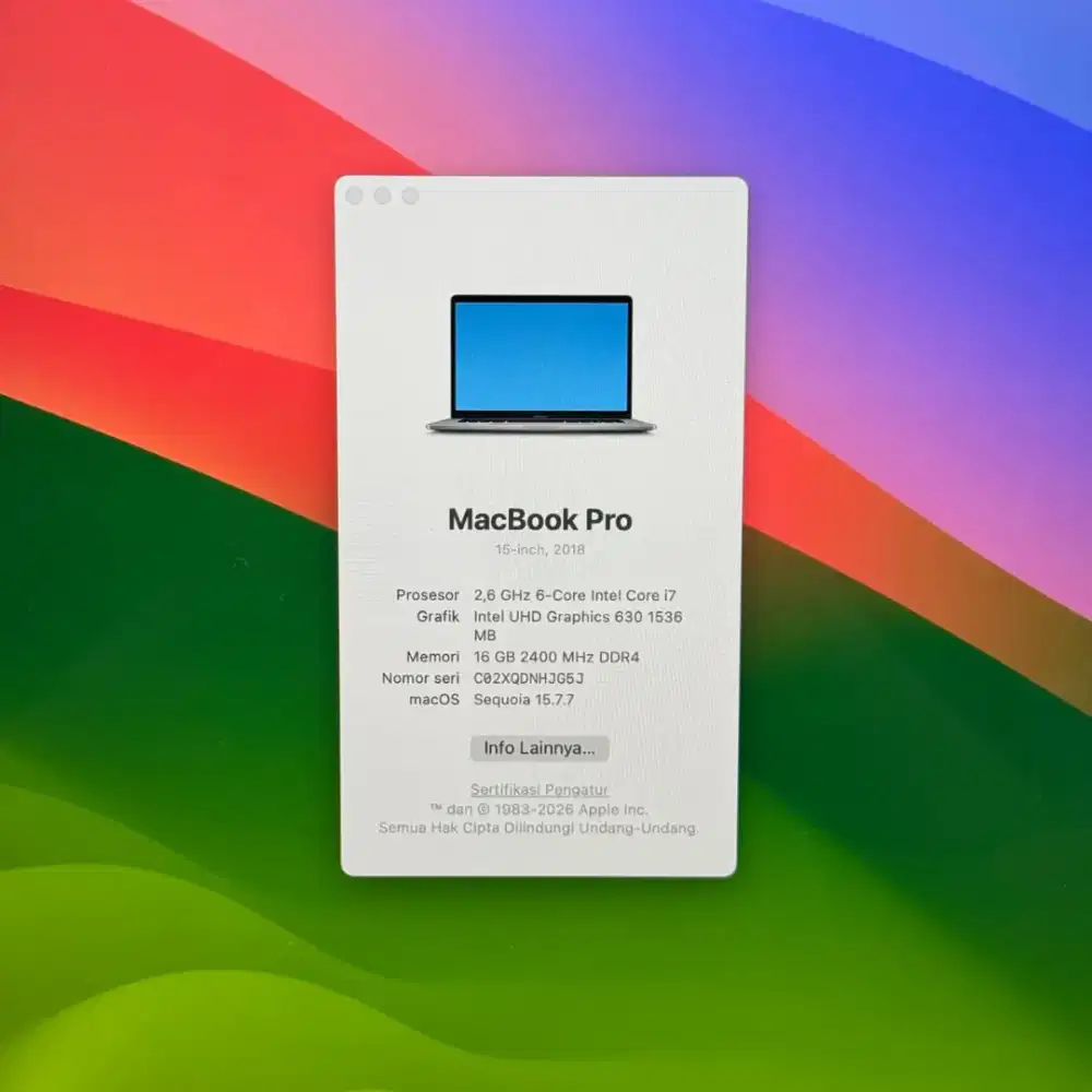 Macbook Pro 2018 Ram 16 Ssd 512 Core I7 Layar 15 inch Full set Grey