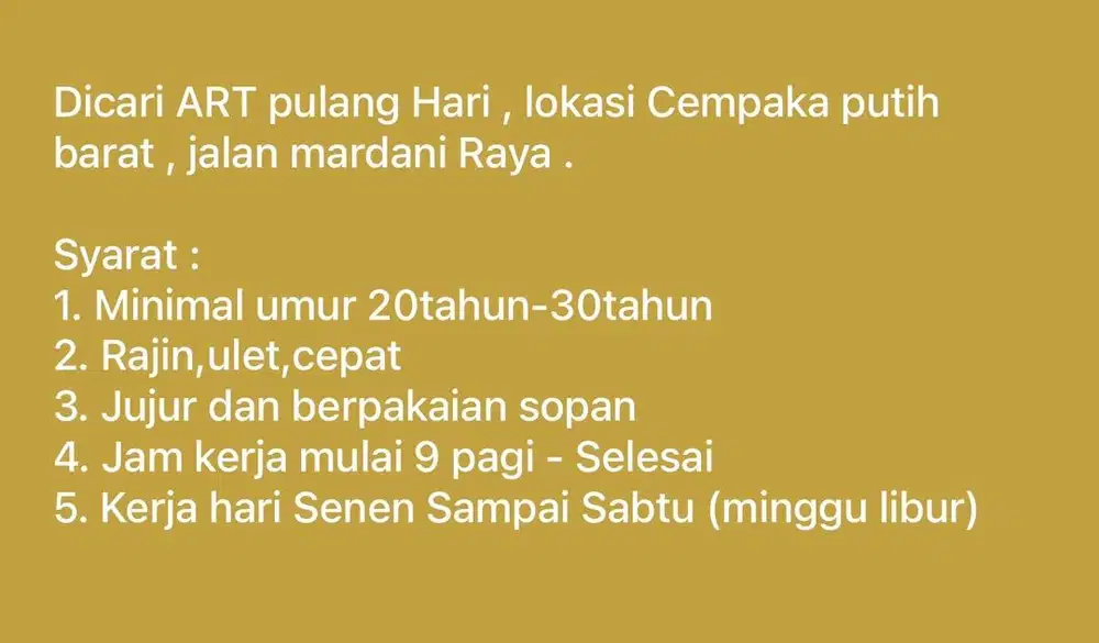 Dicari Pembantu Rumah Tangga
