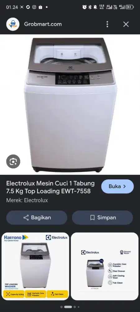 Mesin Cuci Electrolux 1 Tabung 7,5KG