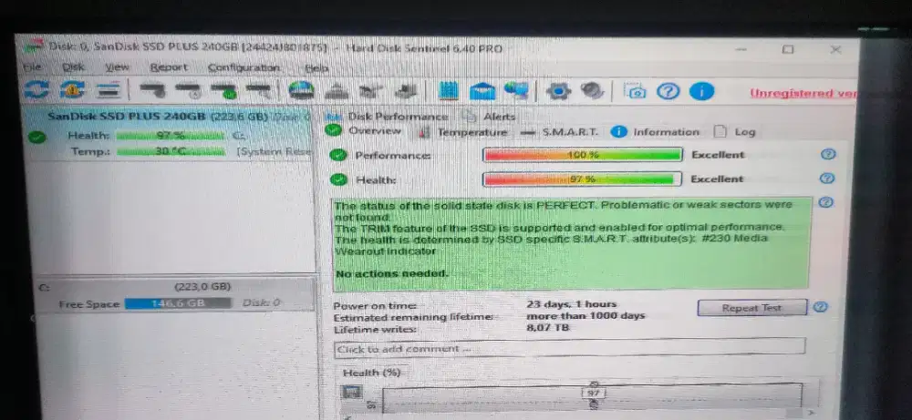 SSD SanDisk PLUS 240GB SATA 2.5 - Pemakaian Baru 23 Hari (Health 97%)