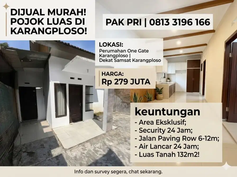 Rumah Pojok Murah 279 Juta di Perumahan Exclusive Karangploso, Luas 132 m2