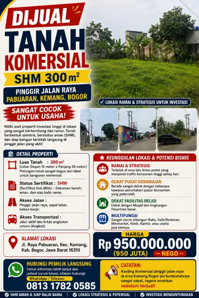 DIJUAL TANAH KOMERSIAL SHM  PINGGIR JALAN RAYA