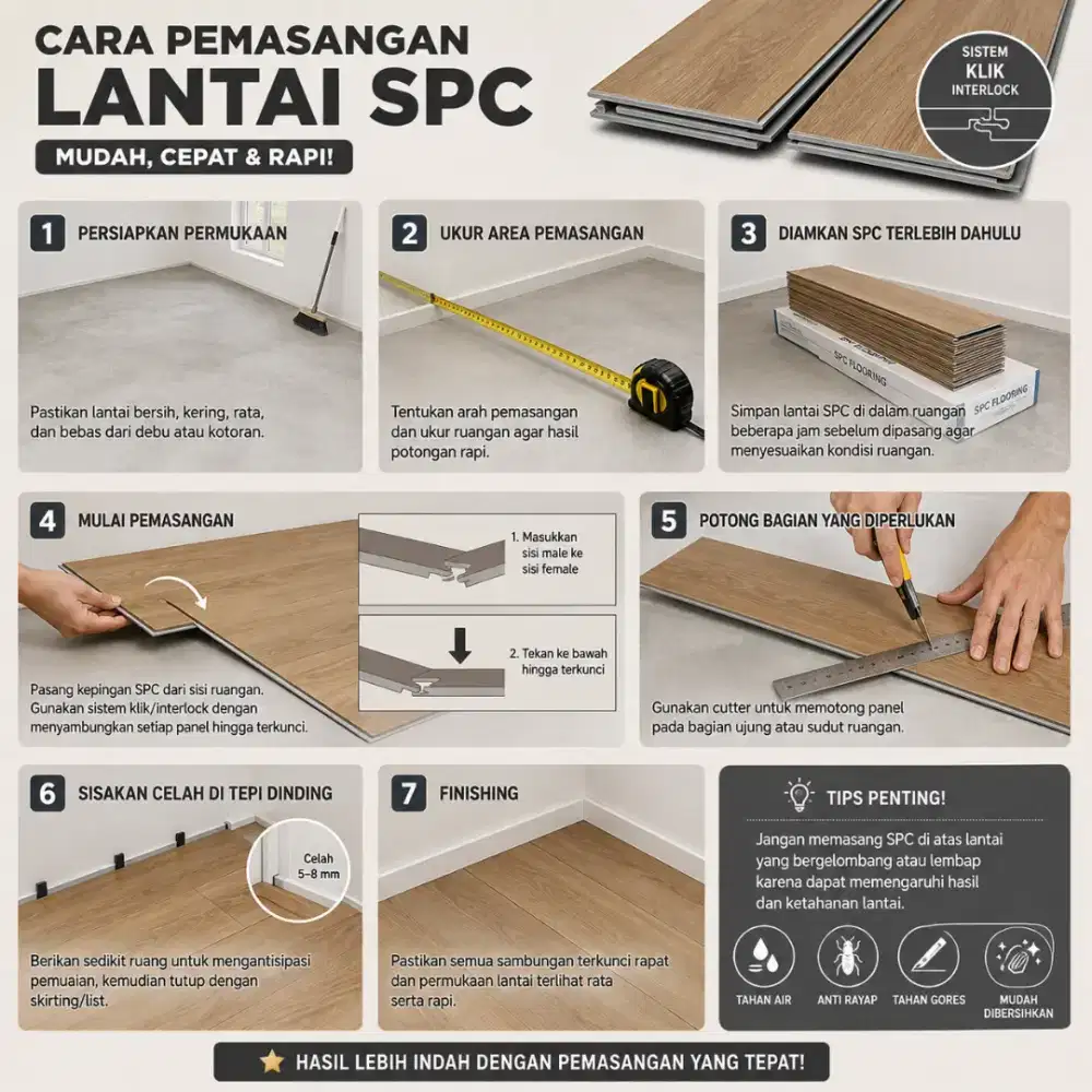 Pemasangan lantai SPC mudah,cepat,&rapi