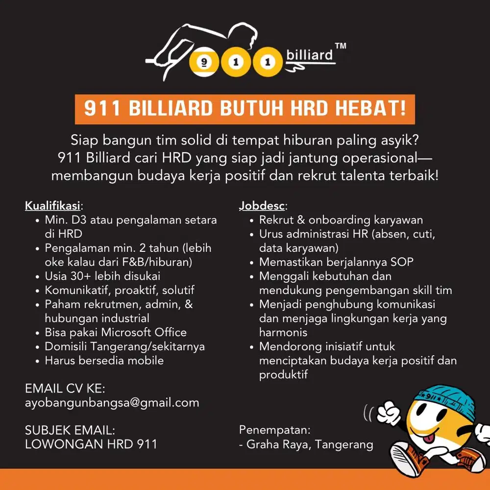 Lowongan Kerja HRD 911 Billiard