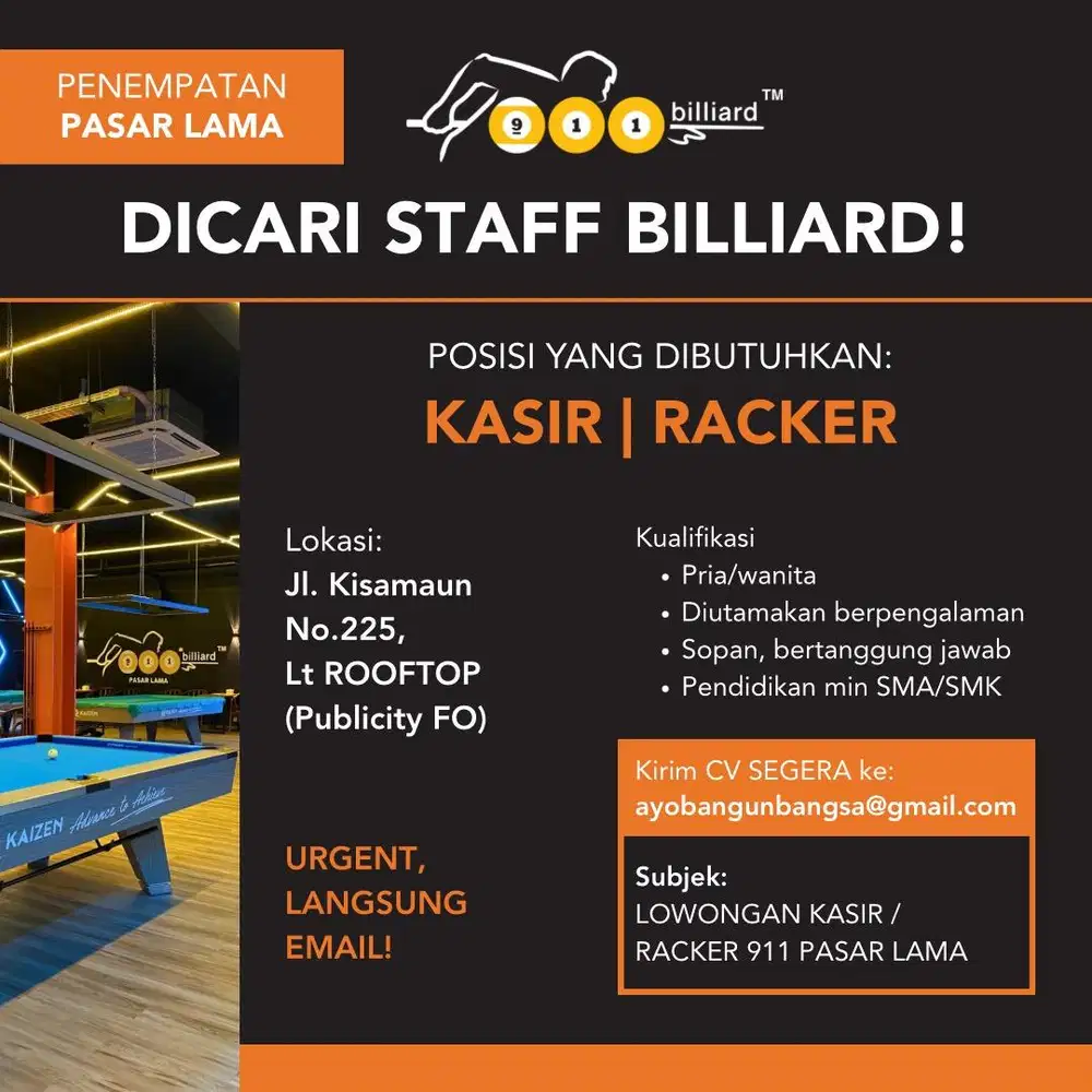 Lowongan Kerja Kasir/Racker 911 Billiard Pasar Lama