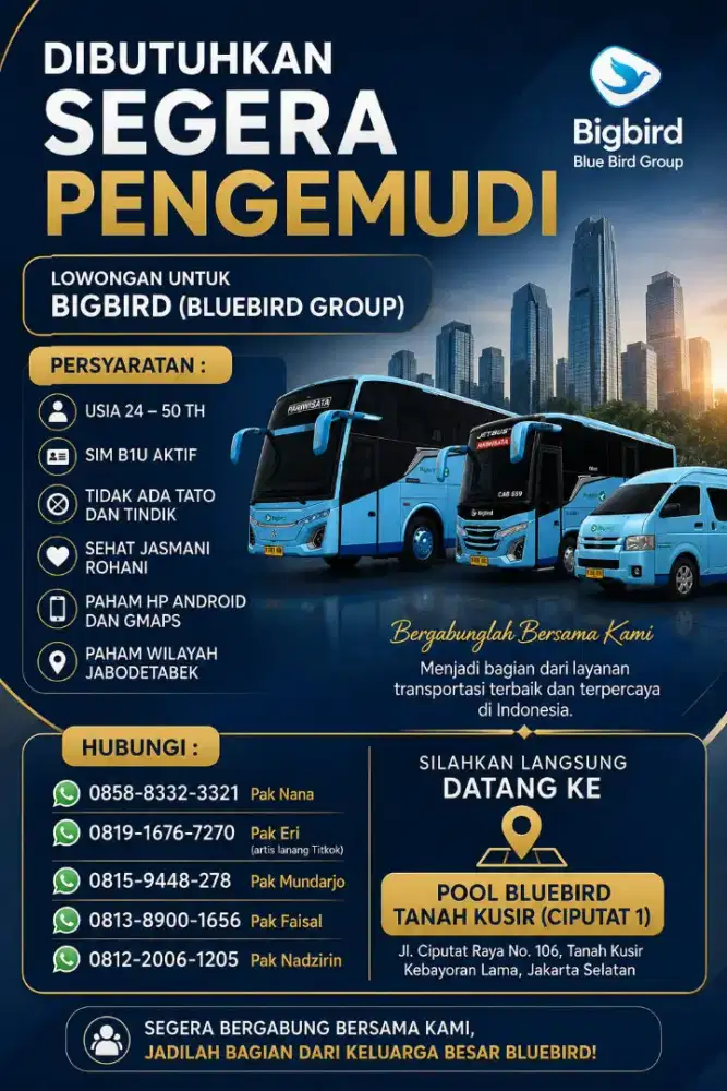 Lowongan Pengemudi Big Bird (Pariwisata)