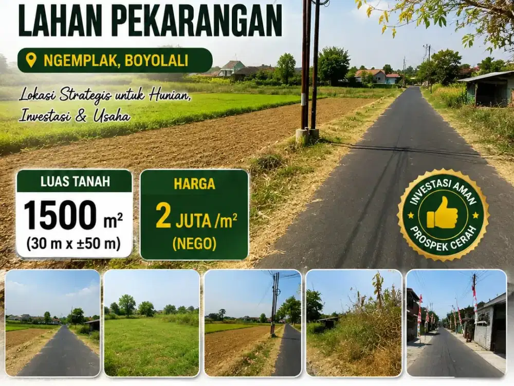 Dijual Lahan Pekarangan Zona Kuning Lokasi di Ngemplak Boyolali Luas 1500M2