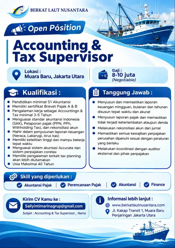 Lowongan Kerja Dibutuhkan Segera | Tax & Finance Supervisor