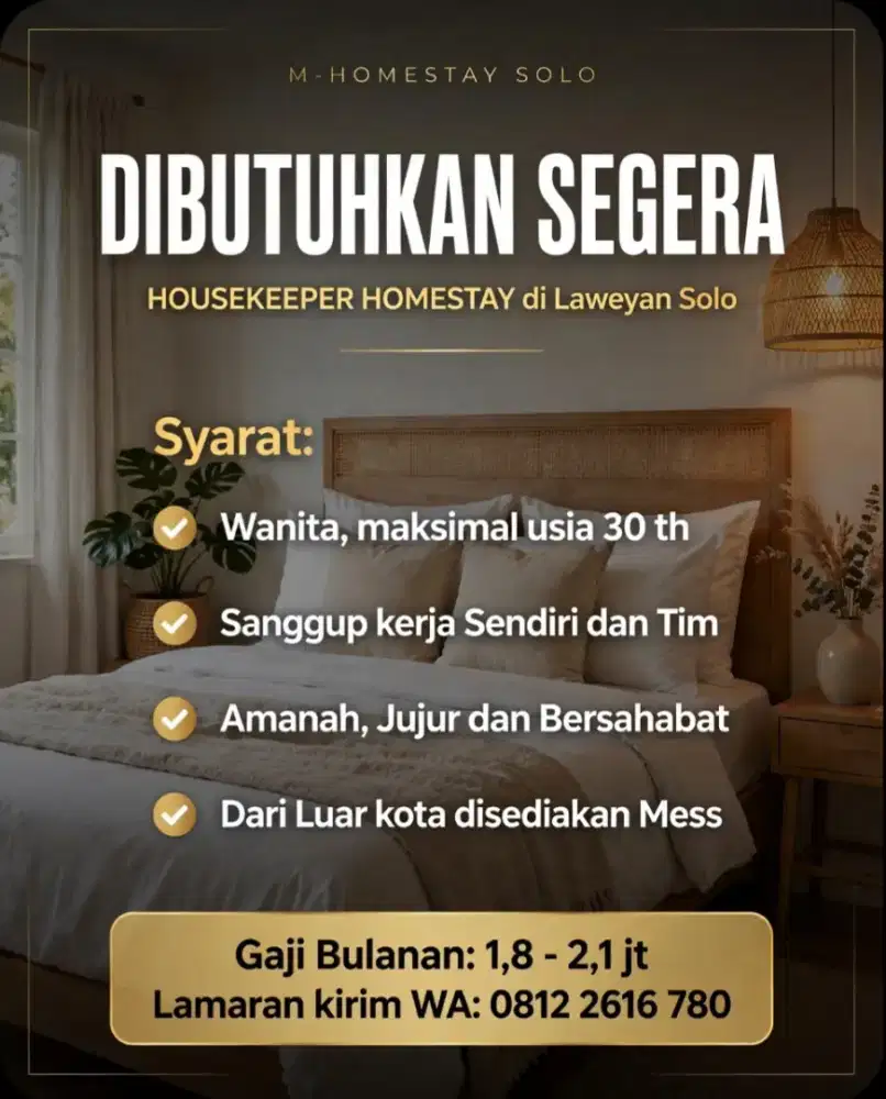LOWONGAN HOUSEKEEPER HOMESTAY
