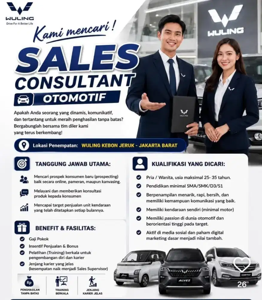 Lowongan kerja sales Wuling penempatan tajur Bogor
