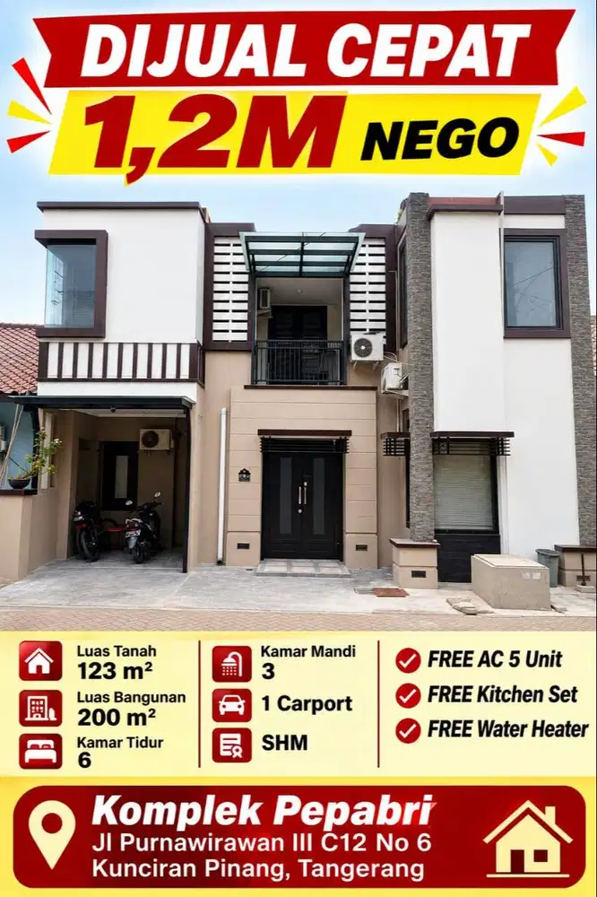 DIJUAL RUMAH 2 LANTAI 1,2 M NEGO – 6 KT – BEBAS BANJIR – KUNCIRAN