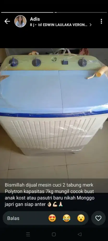 Mesin cuci 2 tabung merk Polytron mulus 7kg
