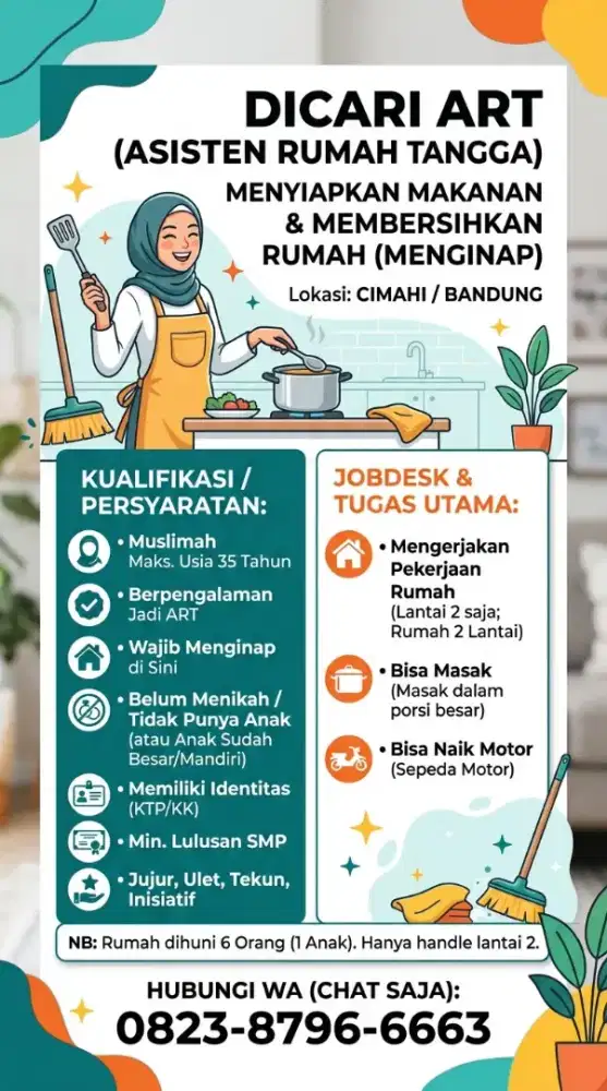 Dicari Art Masak dan Beres-beres Menginap