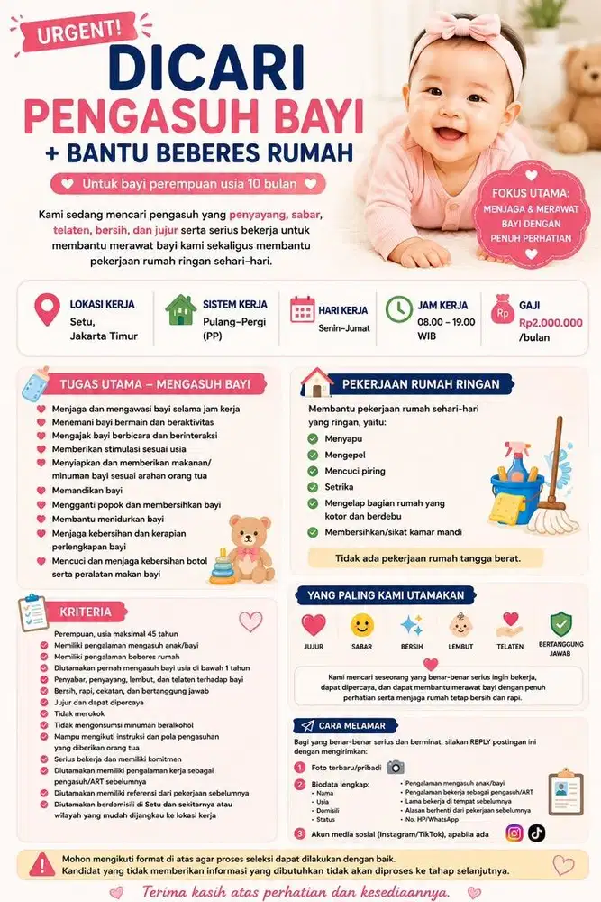 URGENT — DICARI PENGASUH BAYI + BANTU BEBERES RUMAH