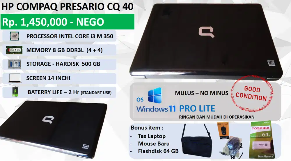 Laptop HP COMPAQ PRESARIO CQ40 Intel core i3 350M Ram 8 HDD 500 GB