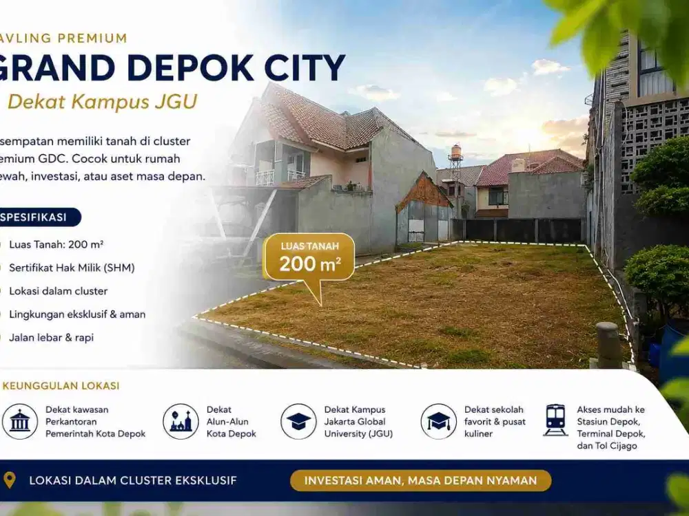 Dijual tanah kavling 200 m² di dalam cluster Grand Depok City (GDC)