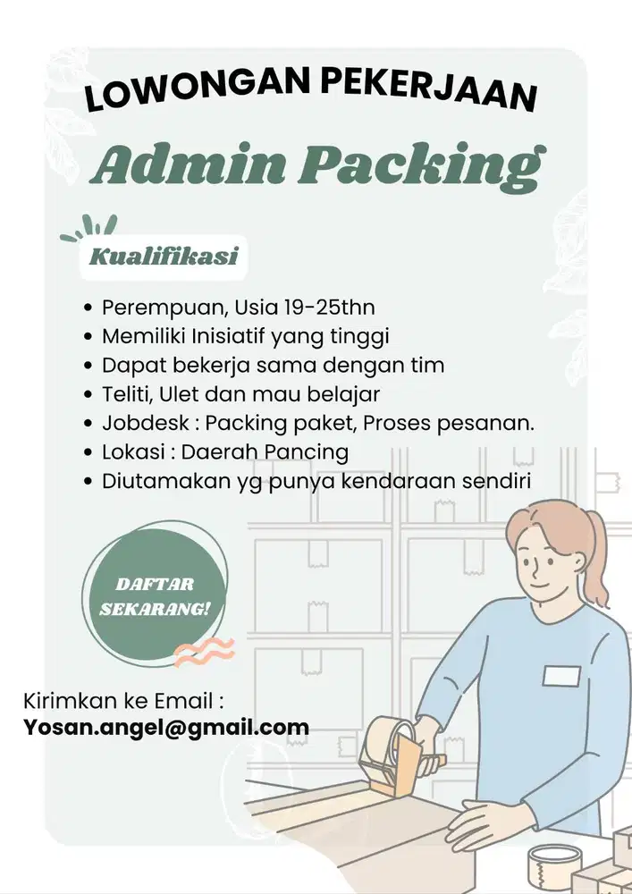 Dibutuhkan Segera Admin Packing paket Olshop  / Marketplace