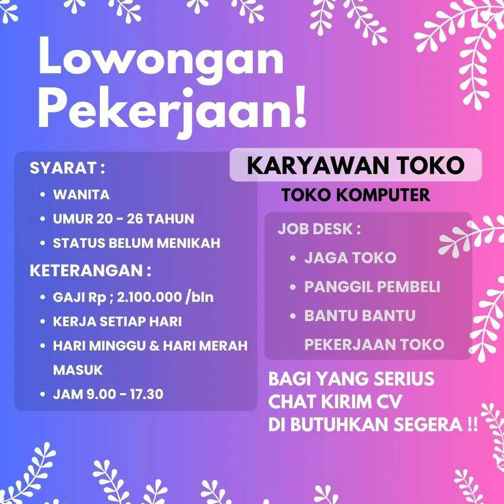 LOWONGAN KERJA MEDAN BARAT PEREMPUAN JAGA TOKO