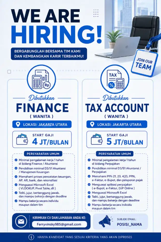 KHUSUS WANITA - DIBUTUHKAN BAGIAN FINANCE AND TAX