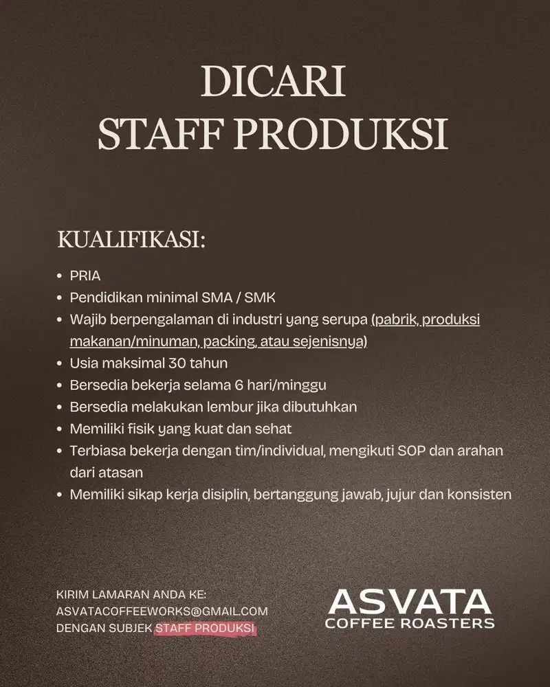Lowongan Pekerjaan Staff Produksi / Packing / OB untuk industri kopi