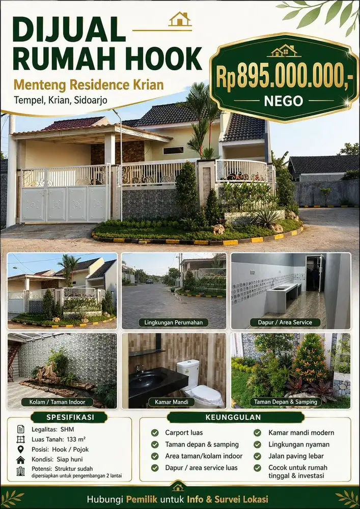 Dijual Rumah Hook Asri Krian Sidoarjo SHM