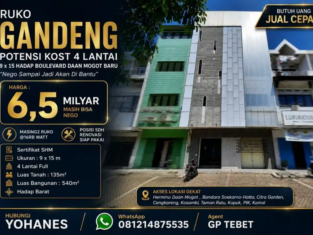 Ruko Gandeng Potensi Kost 4 lantai 9x15 hadap Boulevard Daan Mogot Baru
