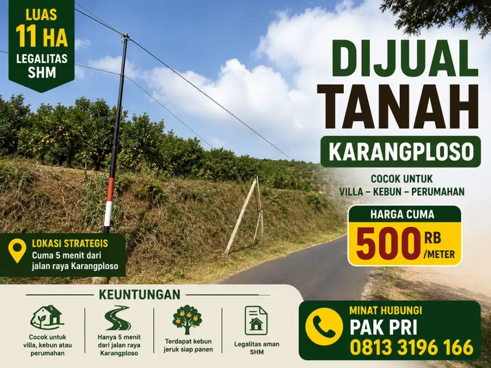 Tanah 11 Ha SHM Karangploso Cocok Villa dan Perumahan