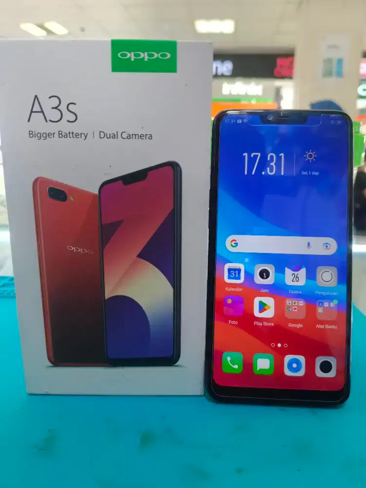 Jual fullset handphone second android oppo A3s asli resmi 6/128gb.ada