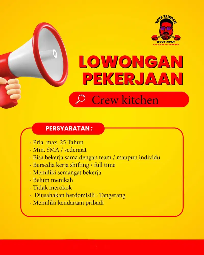 Kitchen Crew & Kasir untuk Taichan Nyot Nyot Gading Serpong (Pria)