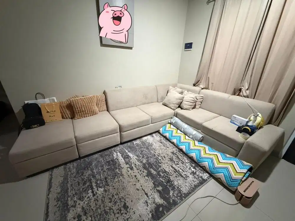 Sofa L Bahan Suede Warna Cream