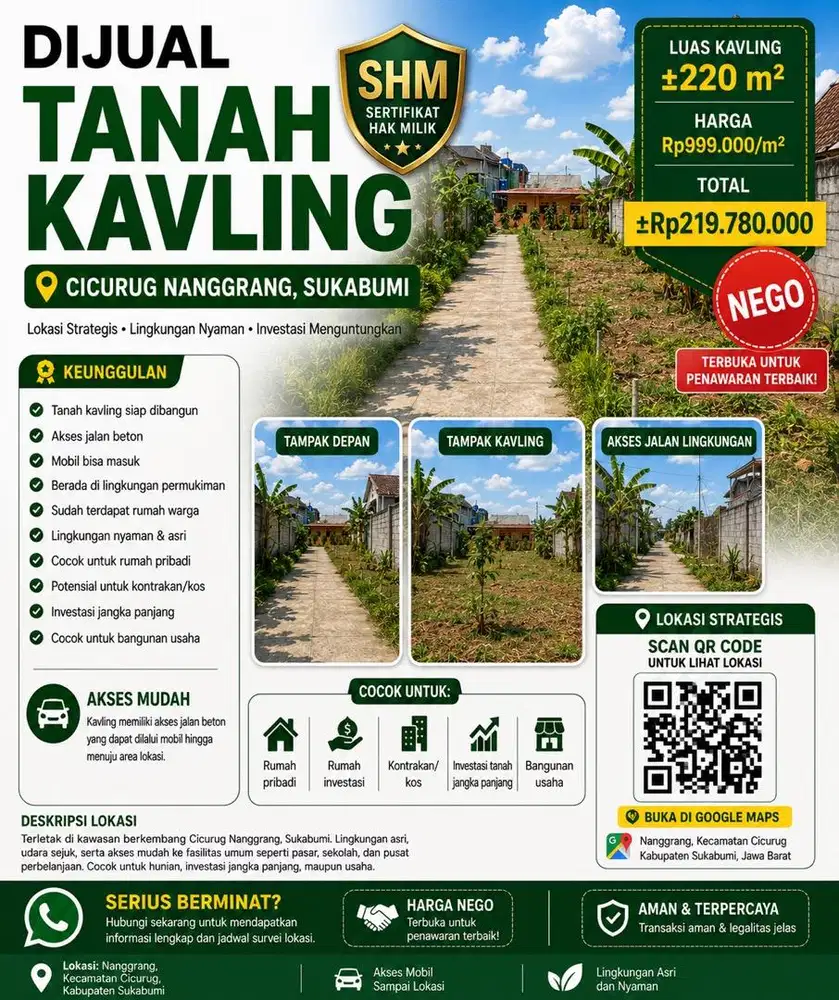 JUAL TANAH KAVLING CICURUG SUKABUMI – SHM, HARGA NEGO