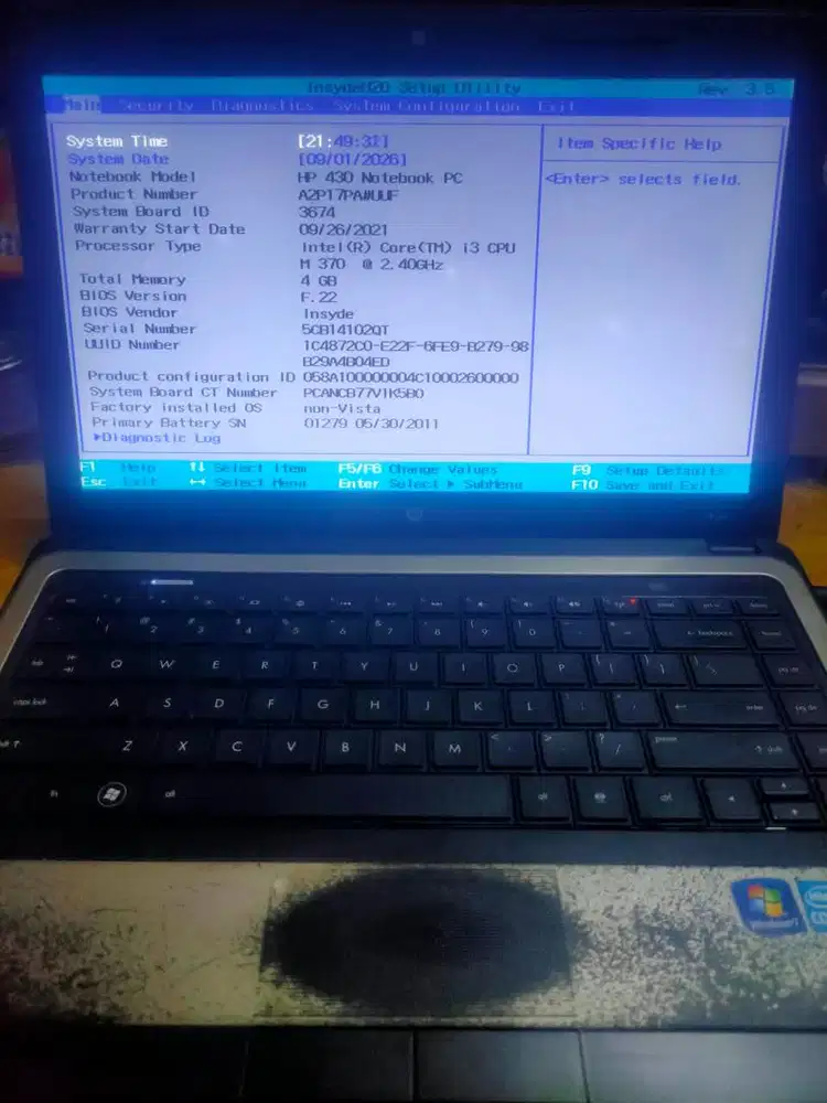 LAPTOP HP 430 INTEL i3-370M RAM 4GB TANPA HDD