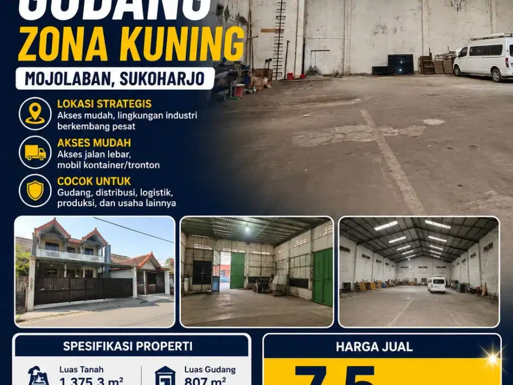 Dijual Gudang + Rumah Lokasi Strategis Mojolaban, Sukoharjo Luas 1.375m2